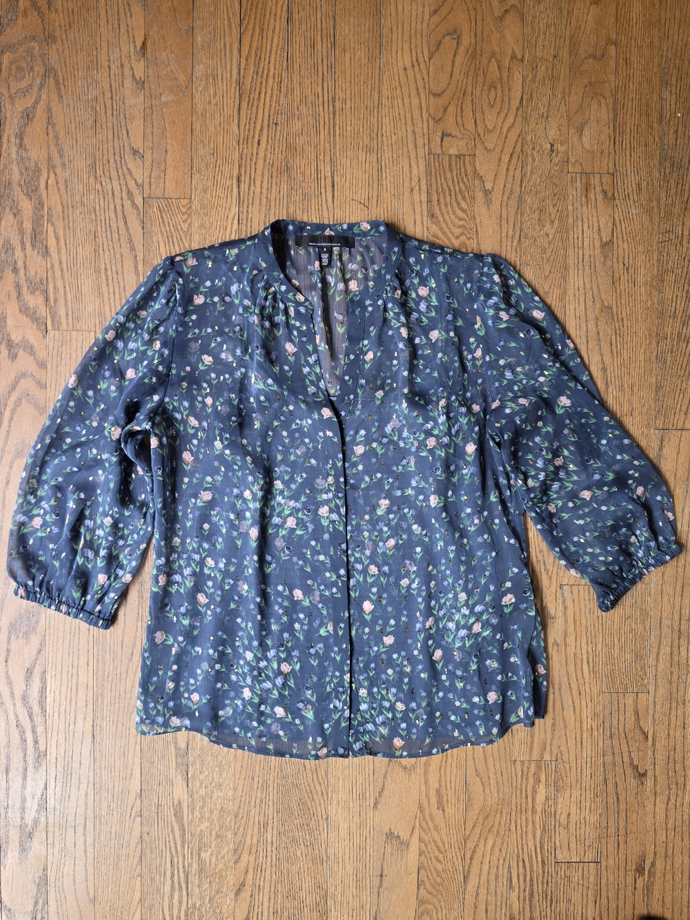 White House Black Market Navy Floral Button-Front Blouse Size S